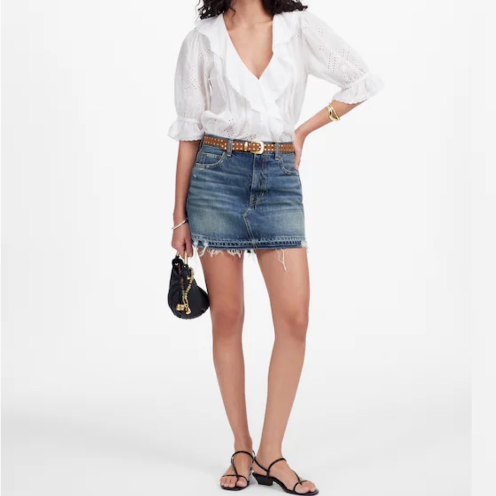 Madewell Postage-Stamp Denim Mini Skirt in Croswell Wash Distressed 32 14 NWT